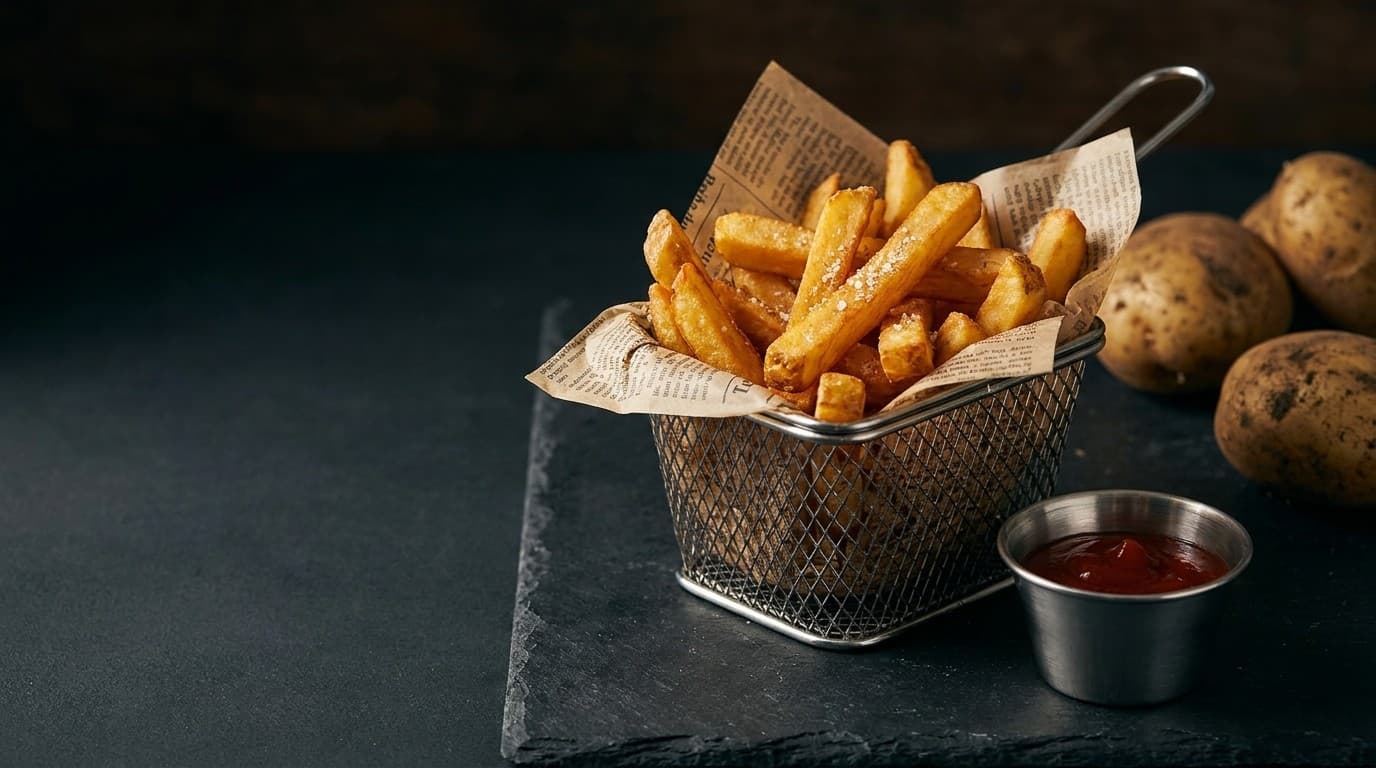 Beispielbild: dicke Pommes in einem Drahtkorb auf dunklem Grund